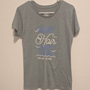 NWOT. Gray Graphic T-Shirt with Blue and White Print